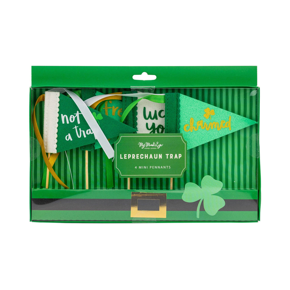 Leprechaun trap pennant set packaged in green box