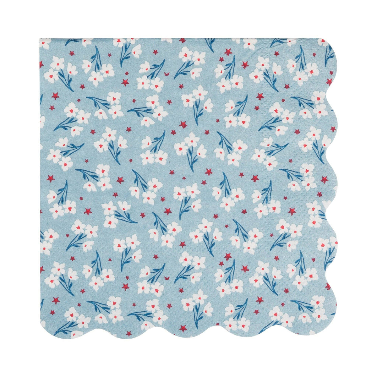 Single light blue blossom floral paper cocktail napkin flat lay showing white flowers with red stars and scalloped edge