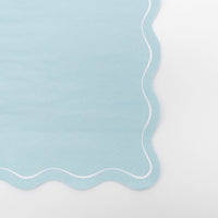 Close-up of the light blue paper guest towel showing the wavy scalloped edge and white outline detail.