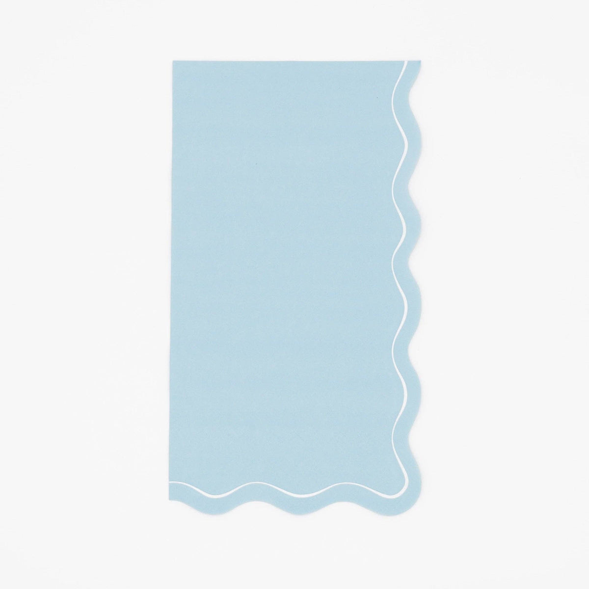 Solid light blue guest towel with a soft wavy scalloped white-outlined edge, flat view on white background.