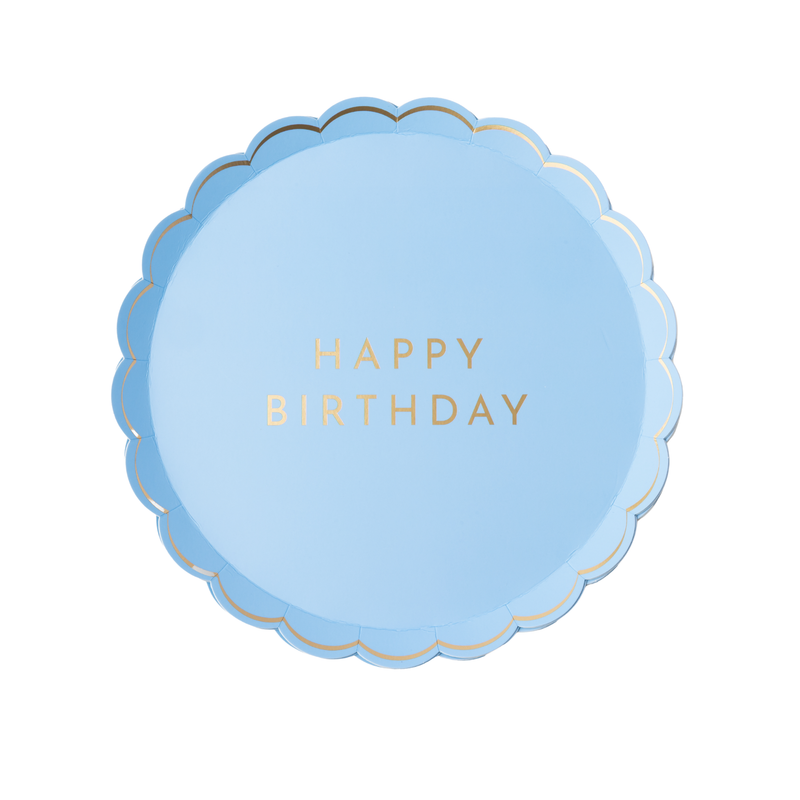 Top-down view of a light blue scalloped plate with gold foil "Happy Birthday" script in a minimalist font.