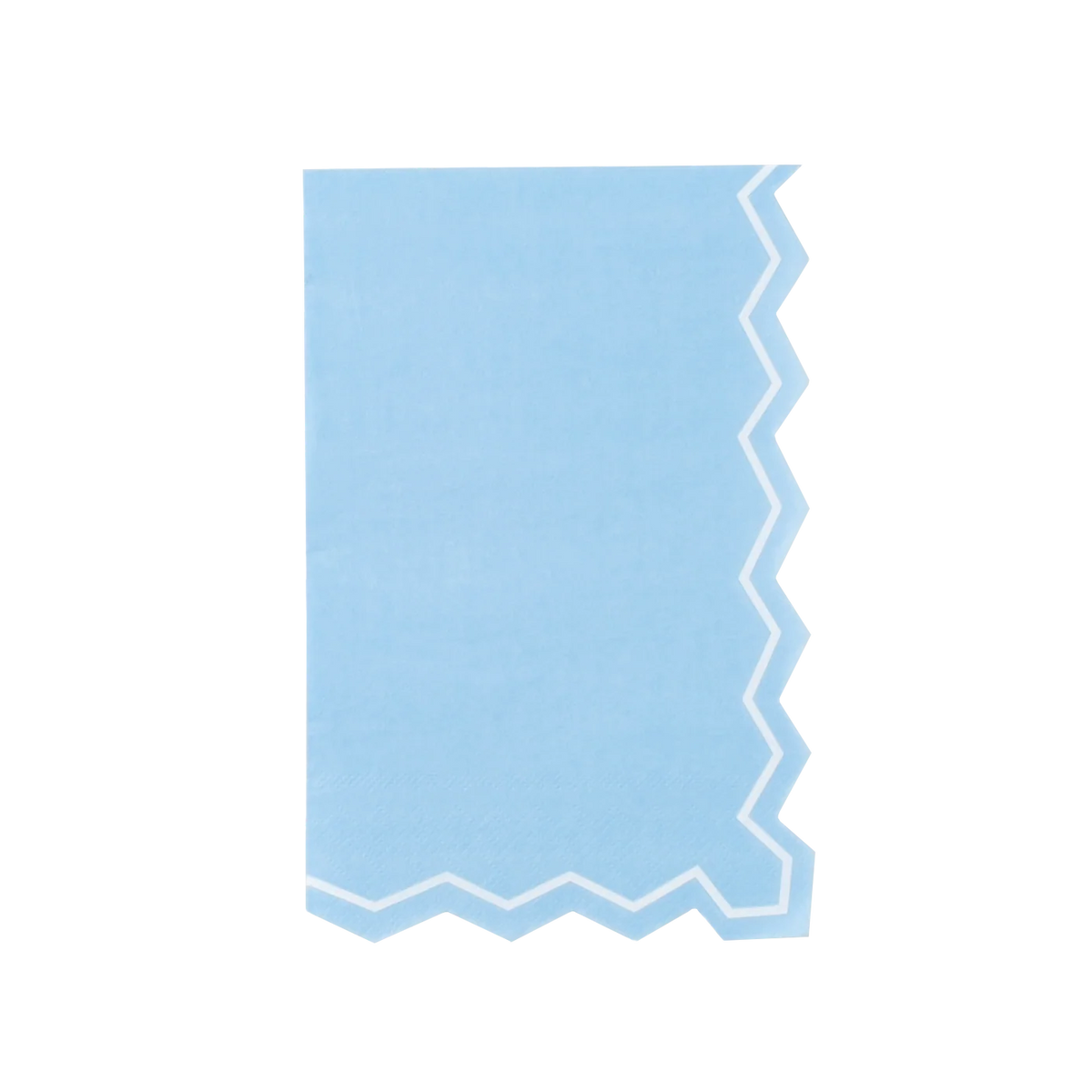 Full straight-on shot of a single light blue zigzag-edge paper guest towel centered on a white background. Portrait orientation. Right edge and bottom edge show the die-cut zigzag silhouette with white inset border line. Left edge and top are straight. Solid light blue field with slight matte paper texture.