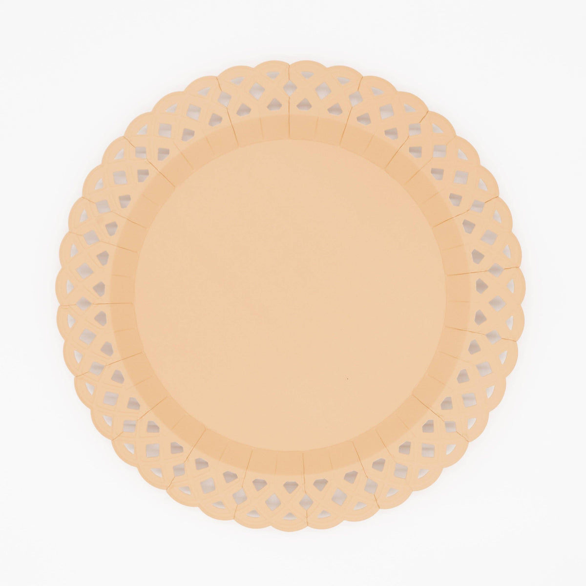 Overhead studio shot of a light brown 11.5 inch paper dinner plate featuring an embossed basketweave pattern and scalloped edges.
