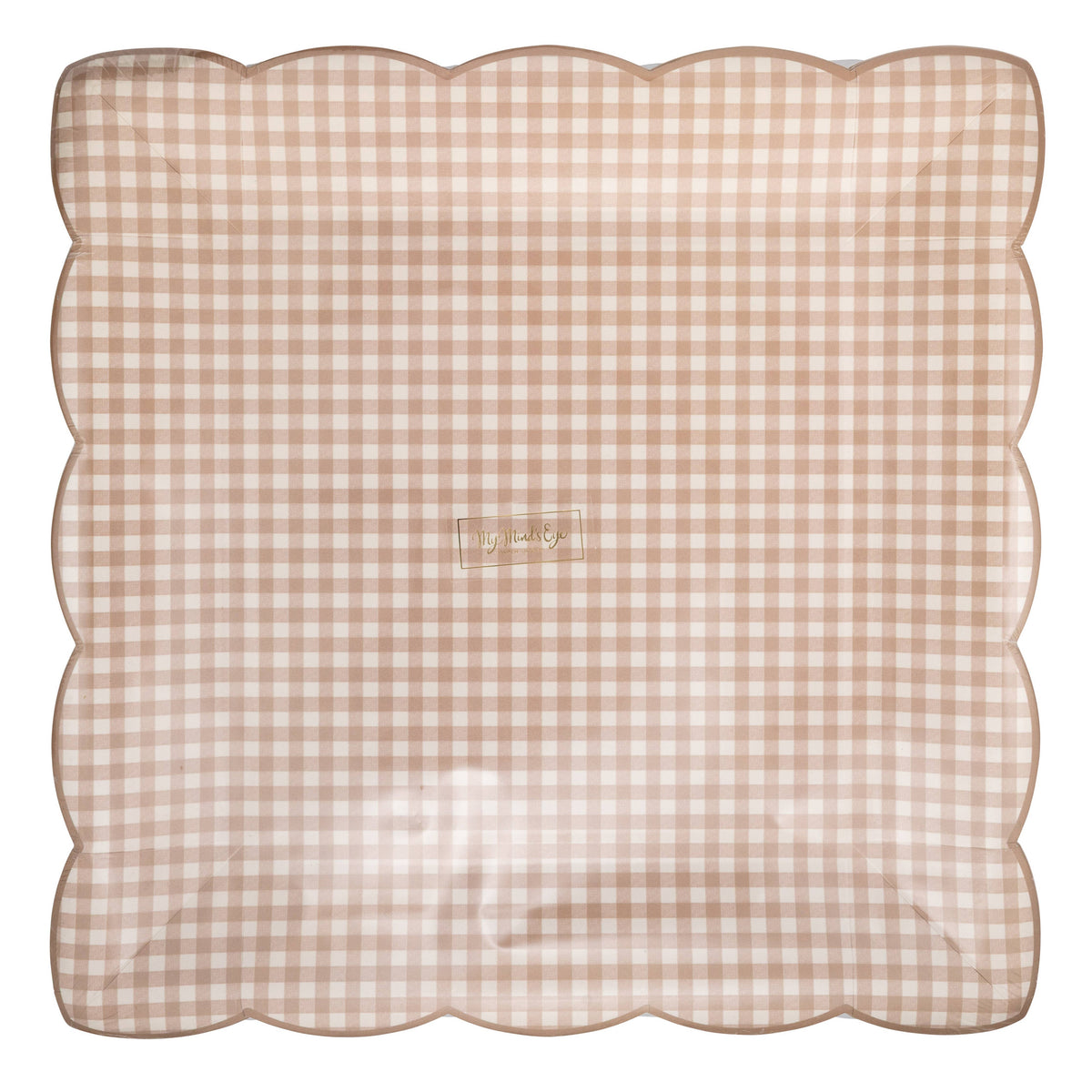 Packaged light brown gingham scalloped paper plates front view
