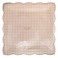 Packaged light brown gingham scalloped paper plates front view
