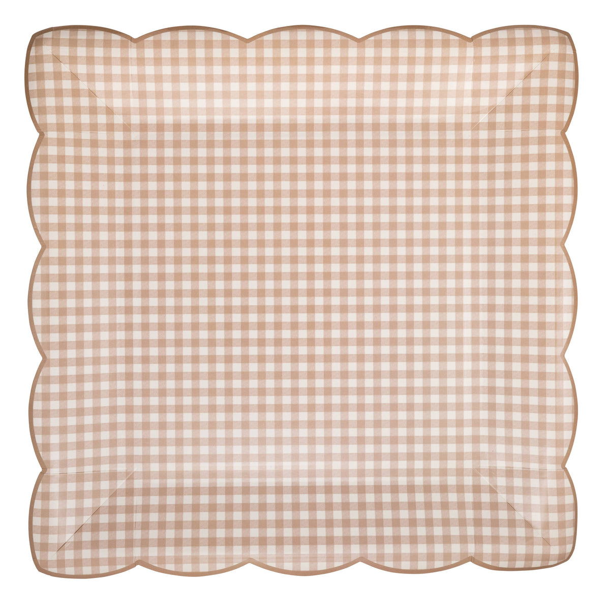 Light brown gingham scalloped square paper plate on white background
