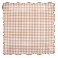 Light brown gingham scalloped square paper plate on white background
