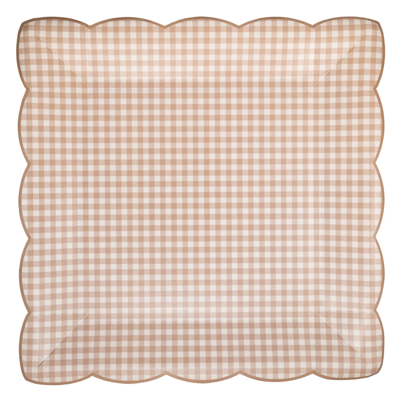Light brown gingham scalloped square paper plate on white background
