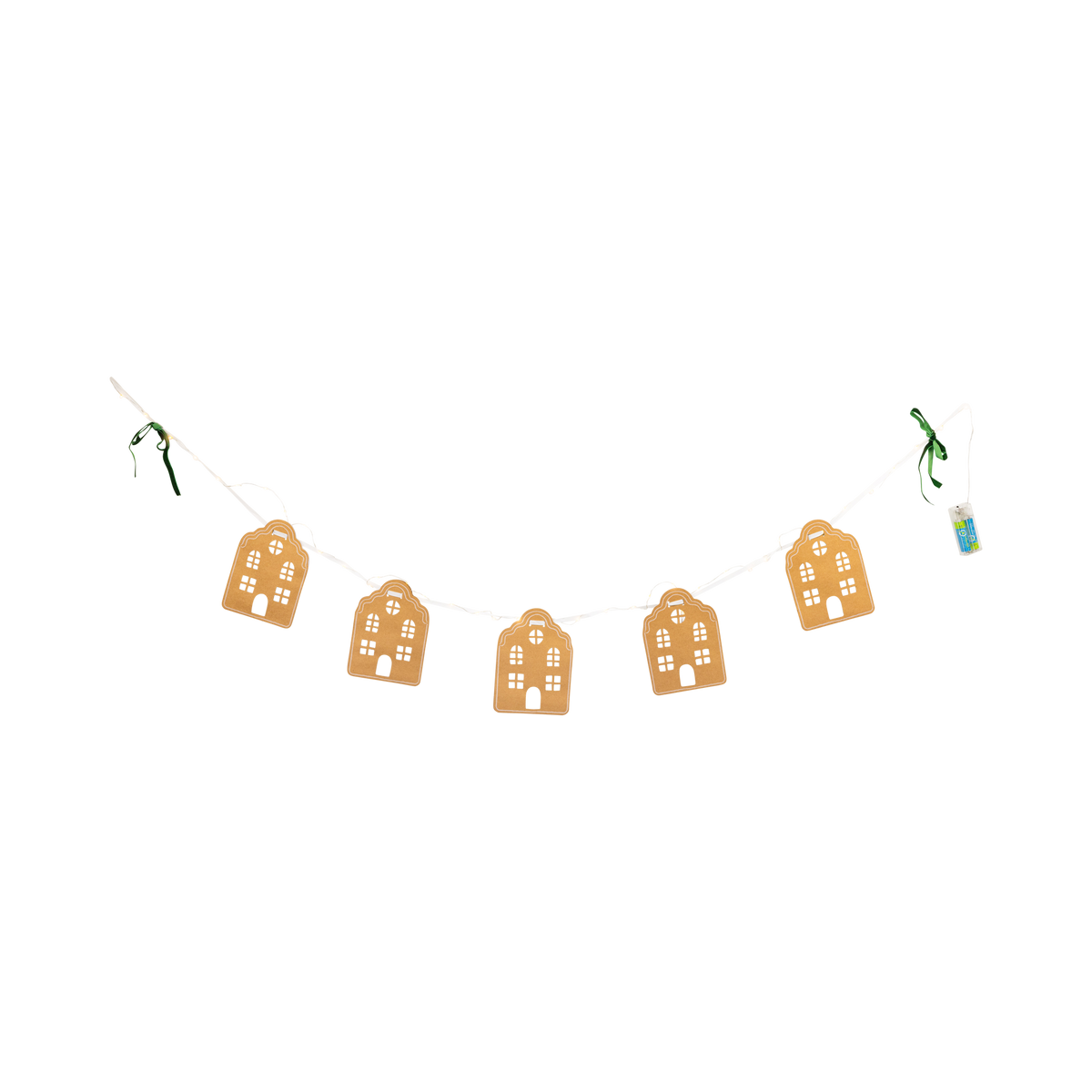 Light-up banner of five kraft-brown paper Christmas houses with green velvet bows and candy-cane accents on a white background.
