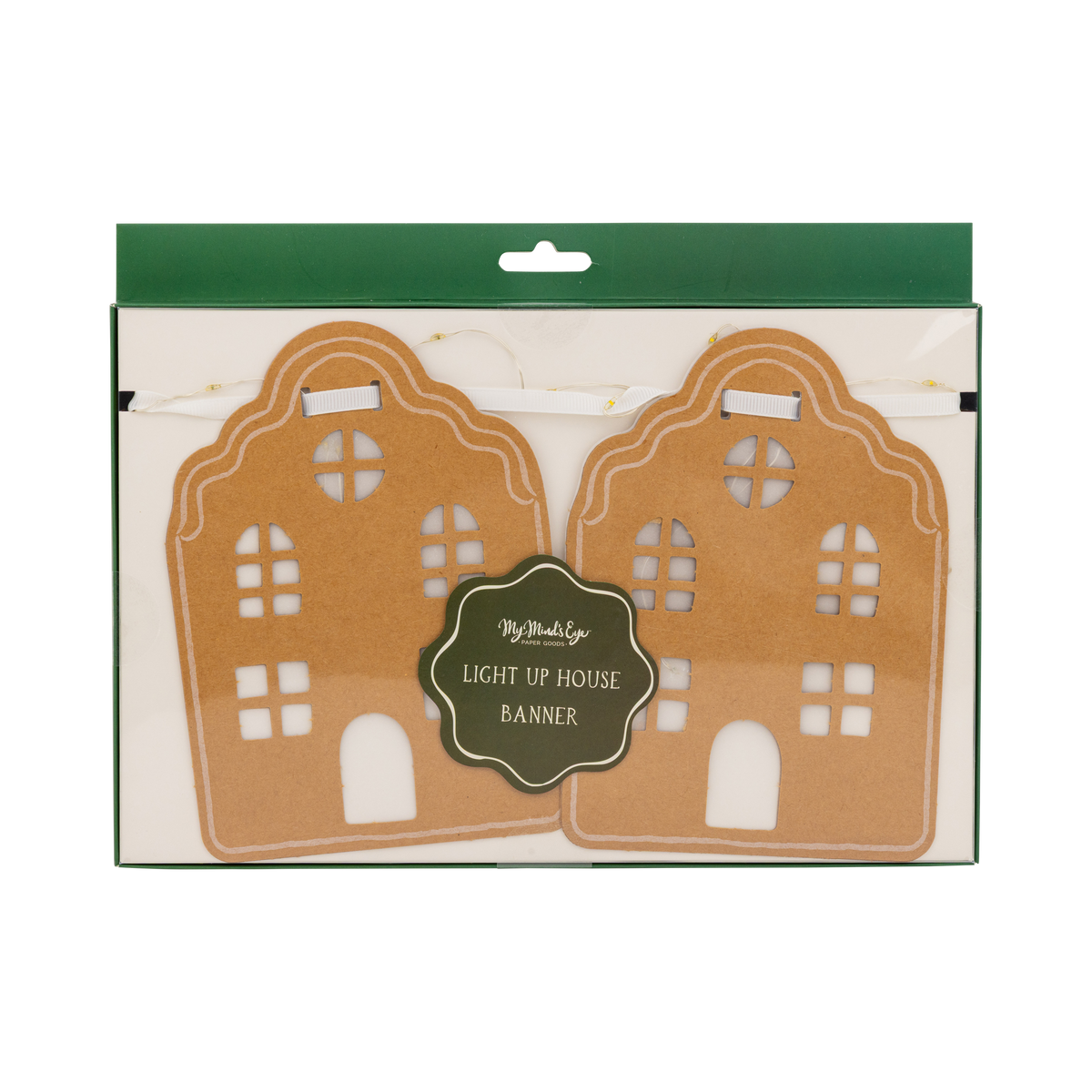 Packaging front for the light-up house banner showing two paper houses and a green label.