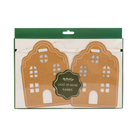 Packaging front for the light-up house banner showing two paper houses and a green label.
