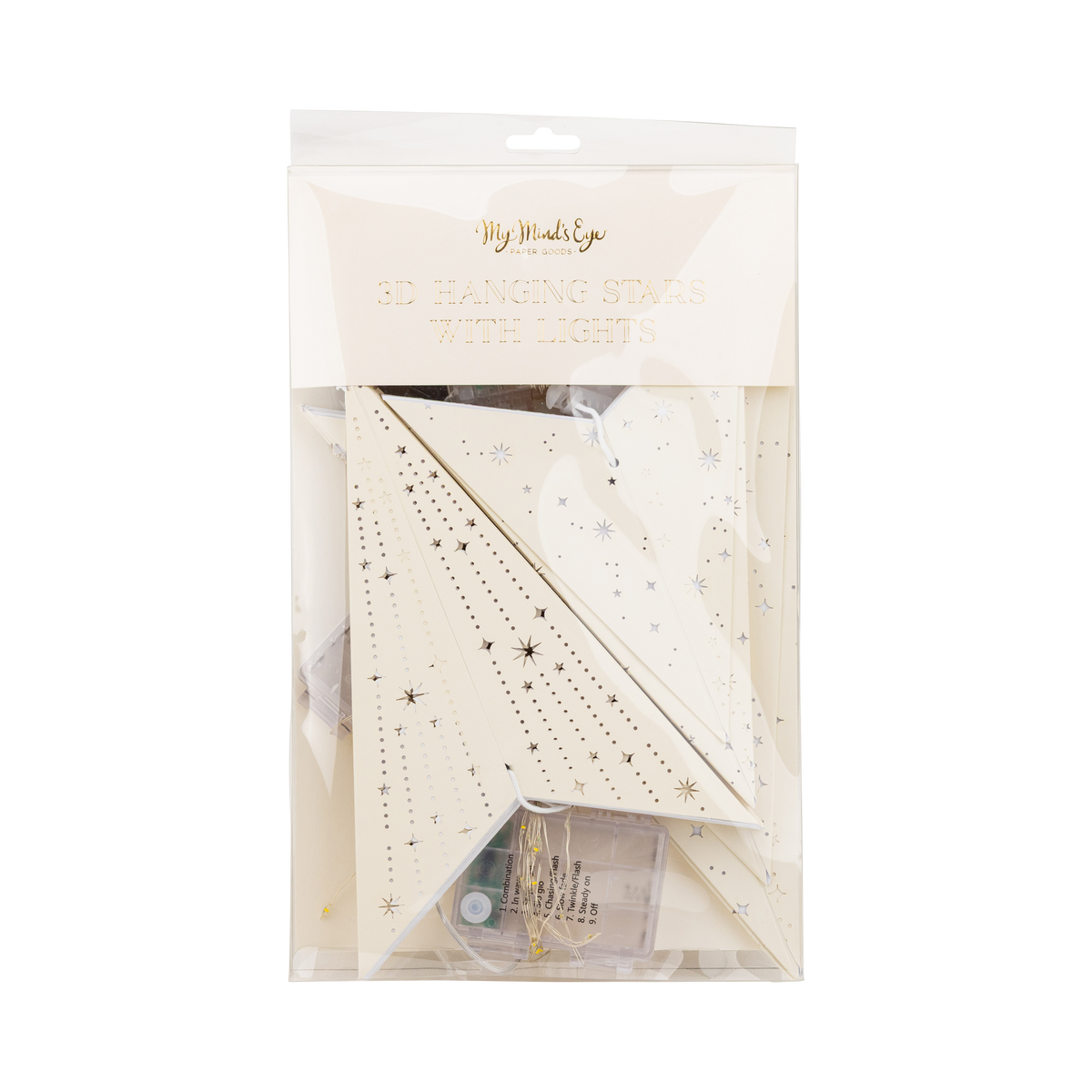 Packaging front for the light-up paper star showing the star through the window.