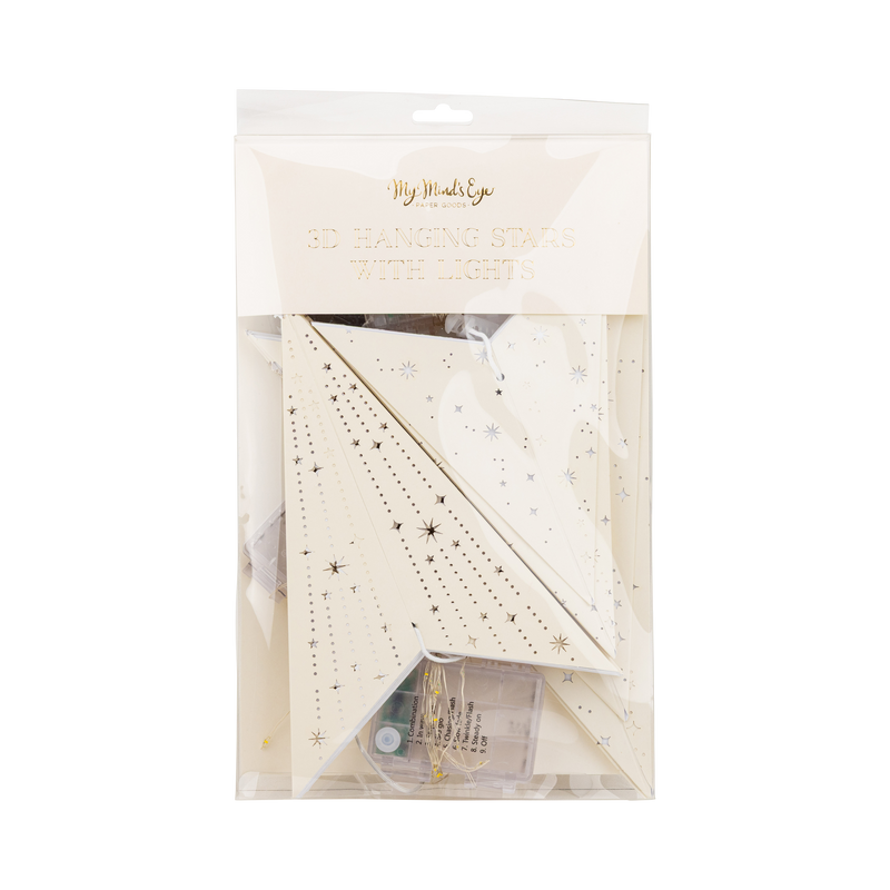 Packaging front for the light-up paper star showing the star through the window.