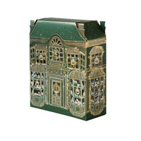 Angled view of the paper toy store showing the side windows and starry gold foil roof