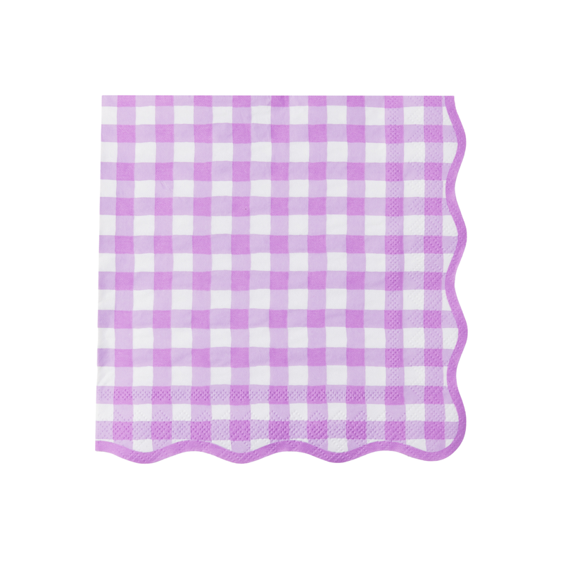 Lilac gingham paper dinner napkin with scalloped edge