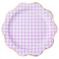 Lilac gingham dinner plate with gold foil rim and scalloped edge