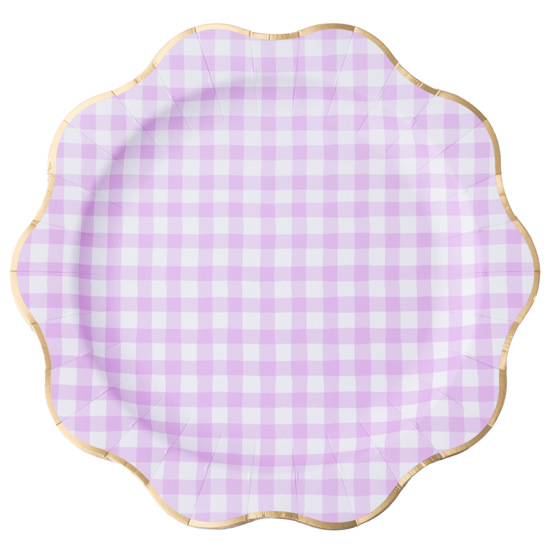Lilac gingham dinner plate with gold foil rim and scalloped edge