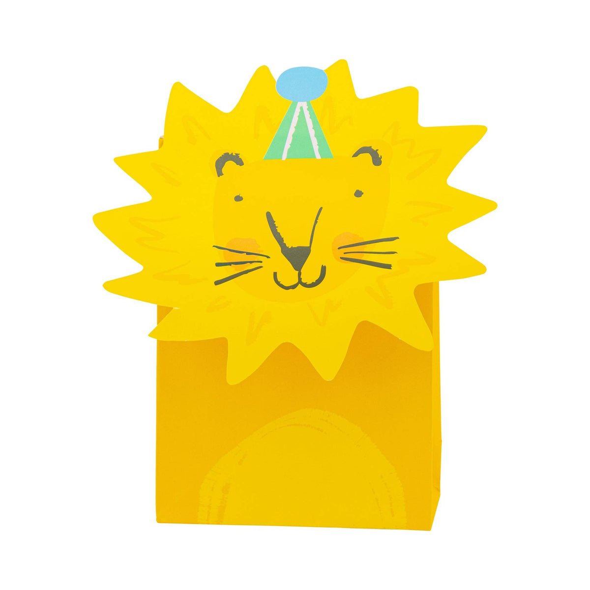 Yellow lion themed birthday treat bag with party hat design and folded top closure