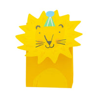 Yellow lion themed birthday treat bag with party hat design and folded top closure