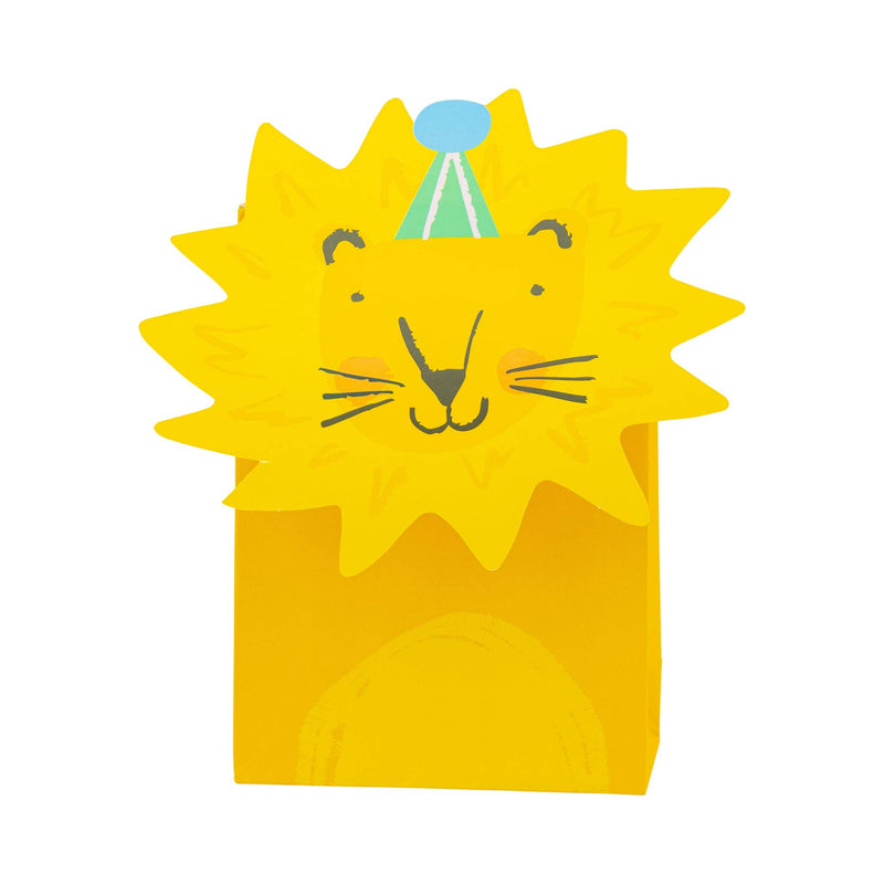Yellow lion themed birthday treat bag with party hat design and folded top closure