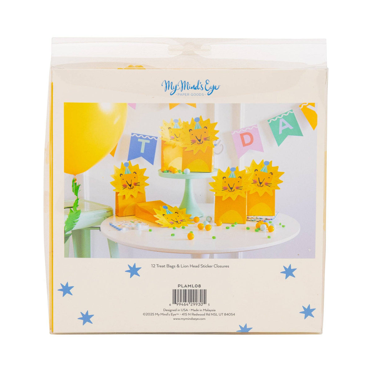 Back of lion treat bags packaging showing party setup example and product details