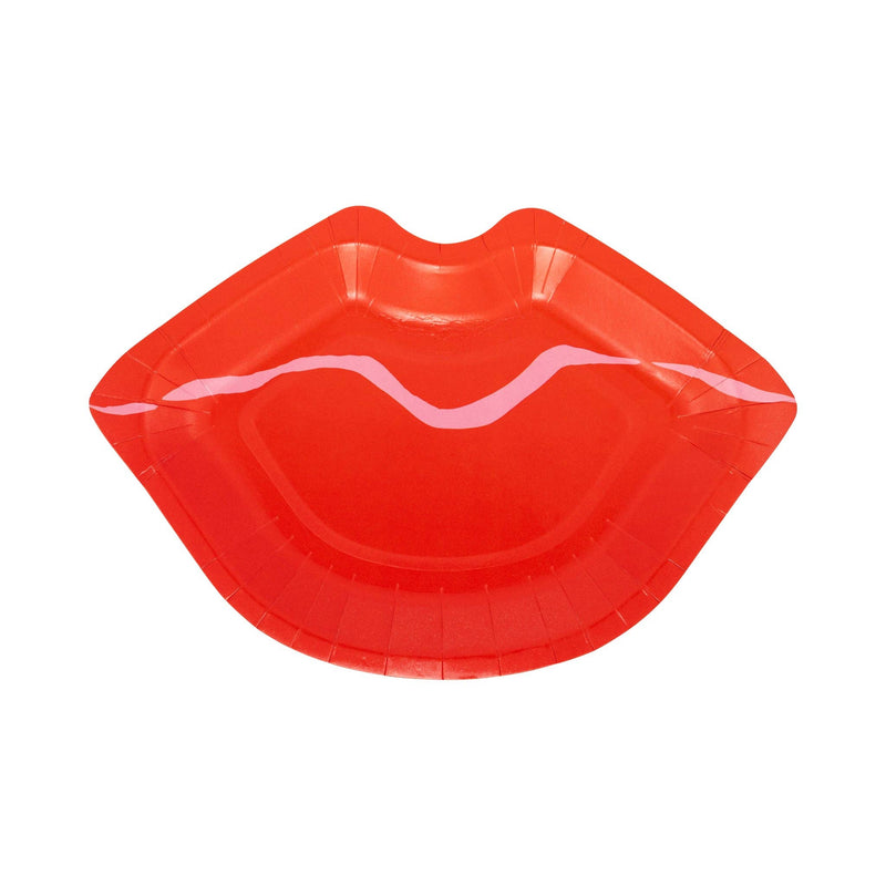 Red lips shaped paper plate on white background