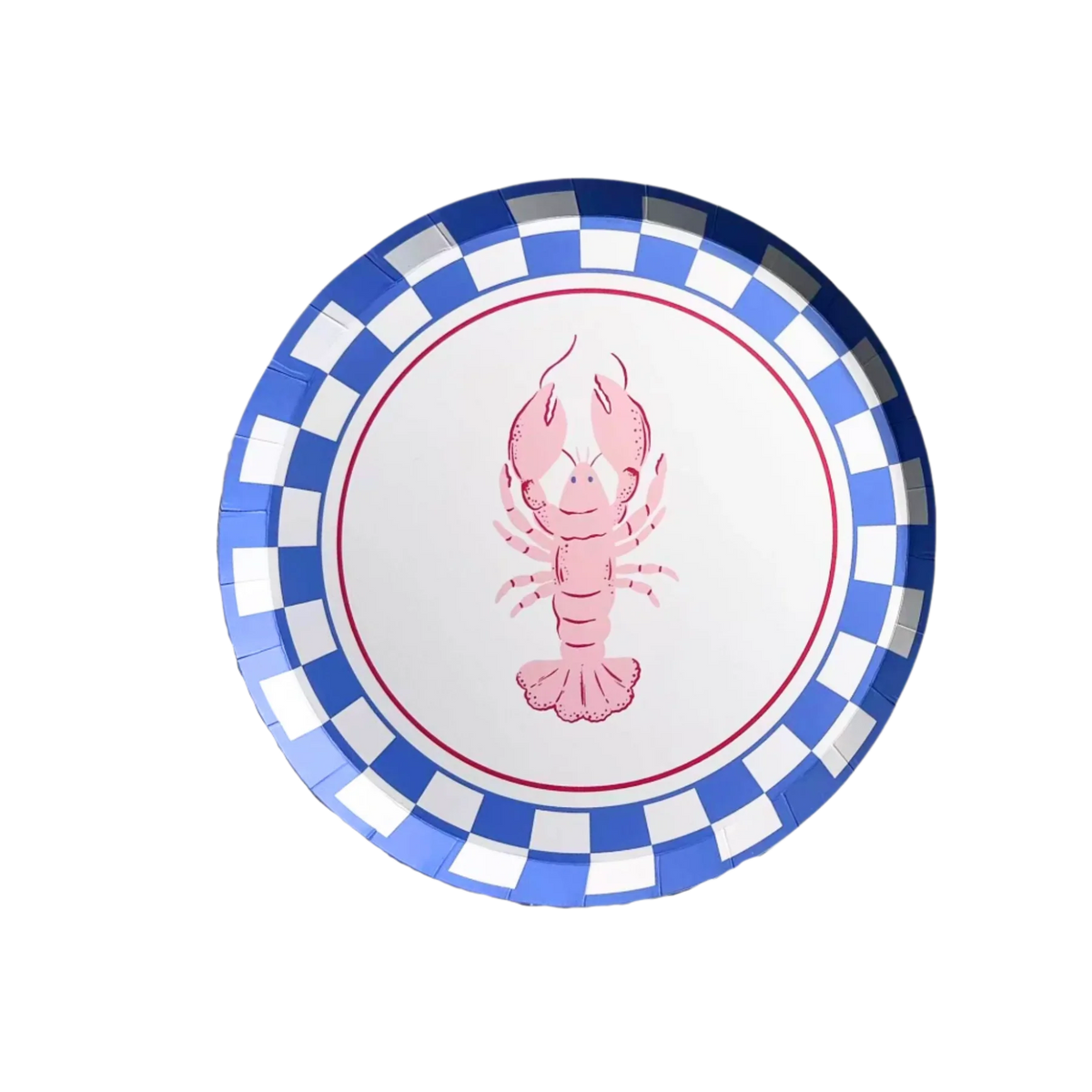 Single round paper plate with pink lobster illustration and blue white checkered border on white background

