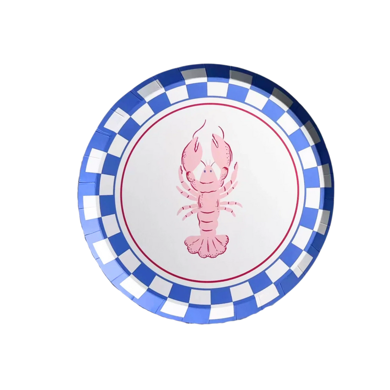 Single round paper plate with pink lobster illustration and blue white checkered border on white background
