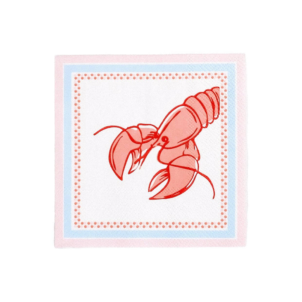 Single unfolded or fully open lobster paper napkin on white background, straight-on view. Full illustration visible: red line-drawn lobster centered, facing right with extended claws and antennae. Periwinkle blue dotted rectangular border inside pink outer border. White ground.