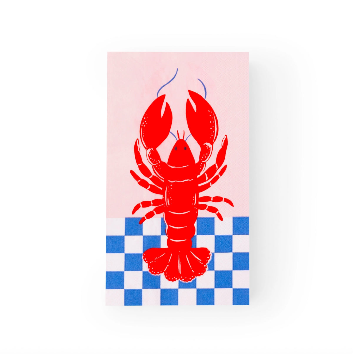 Single lobster guest towel displaying full red lobster illustration on blush background above navy checkerboard.