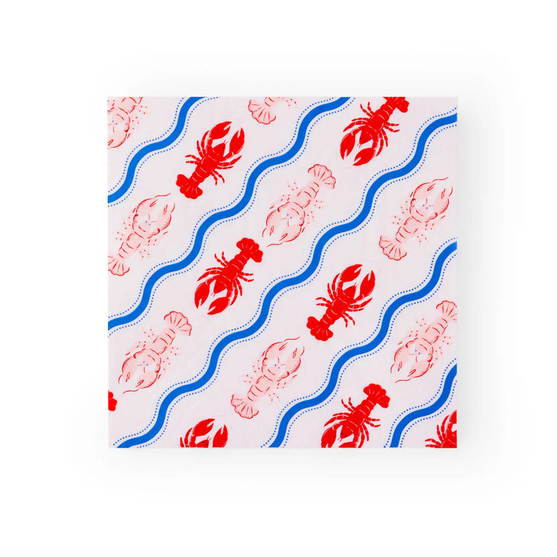 Single large lobster napkin featuring red lobster illustration between two blue wave borders.