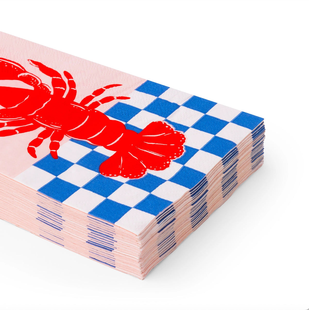Close‑up angle of stacked lobster guest towels showing red lobster graphic and blue picnic checkerboard border.
