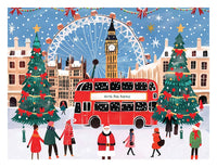 London Christmas jigsaw puzzle design with a red double decker North Pole Express bus, Big Ben, the London Eye and decorated trees in the snow, with Santa and bundled up people walking by