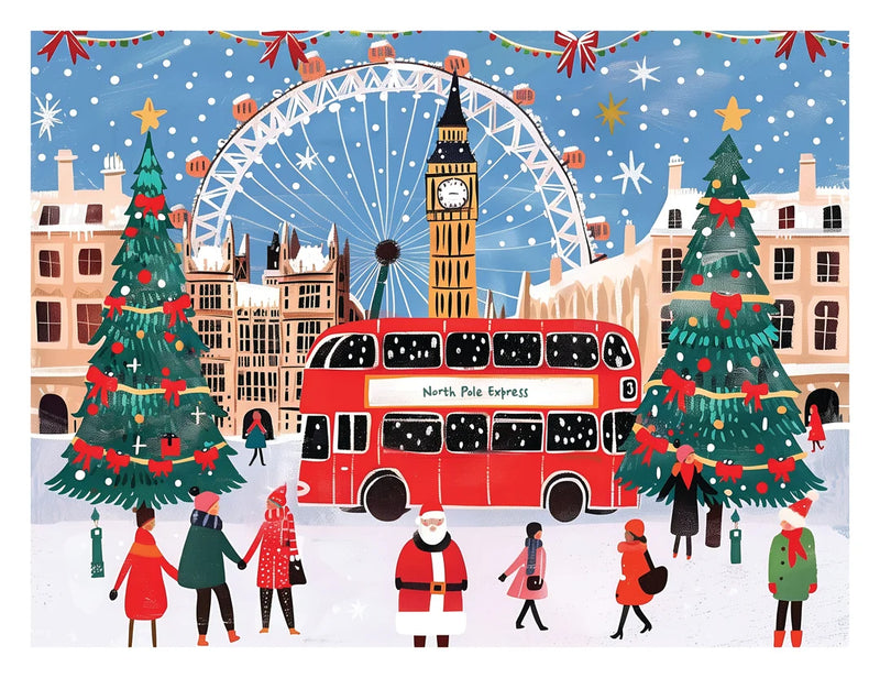 London Christmas jigsaw puzzle design with a red double decker North Pole Express bus, Big Ben, the London Eye and decorated trees in the snow, with Santa and bundled up people walking by