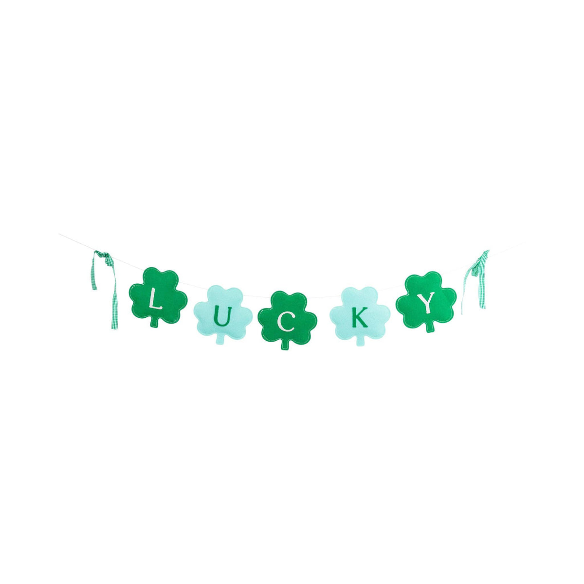 Lucky felt banner with green shamrocks spelling LUCKY