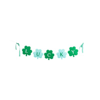 Lucky felt banner with green shamrocks spelling LUCKY