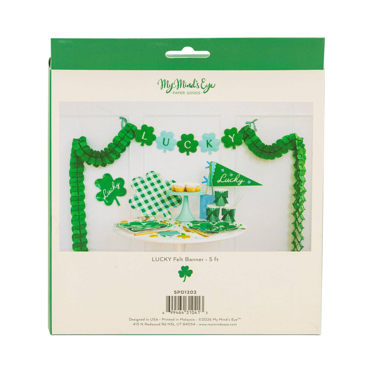 Back view of Lucky felt banner packaging showing banner display example