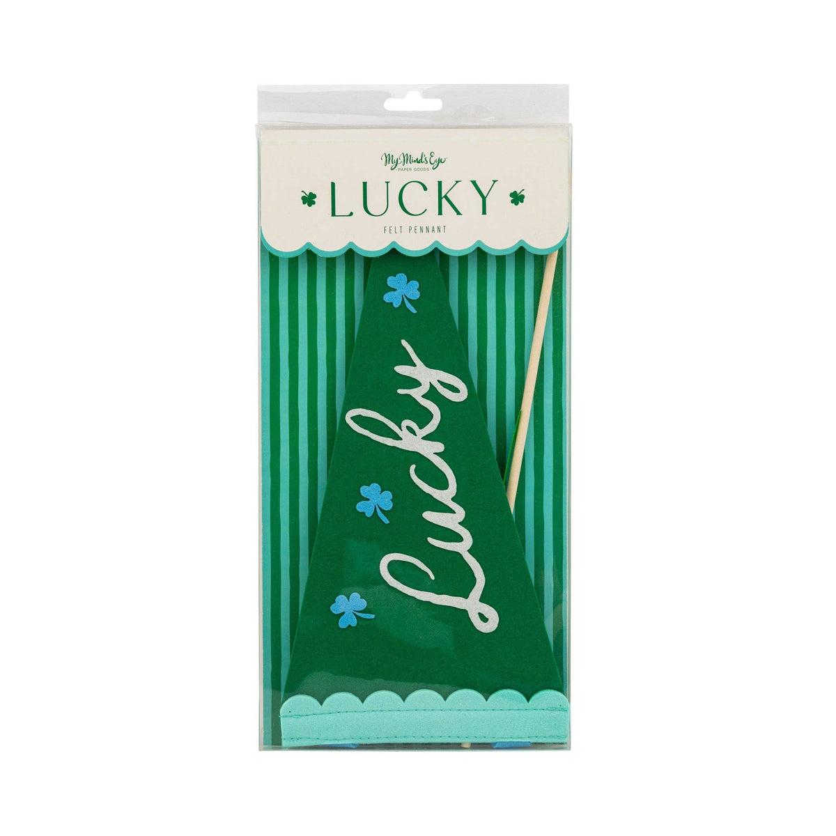 Packaged Lucky felt pennant with green felt design and ribbon included