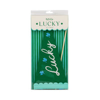 Packaged Lucky felt pennant with green felt design and ribbon included