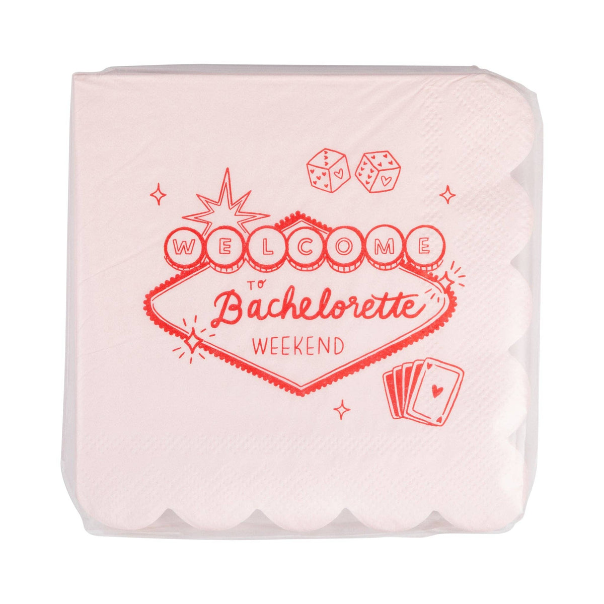 Front packaging of the Lucky in Love napkins featuring a red Vegas sign and dice.