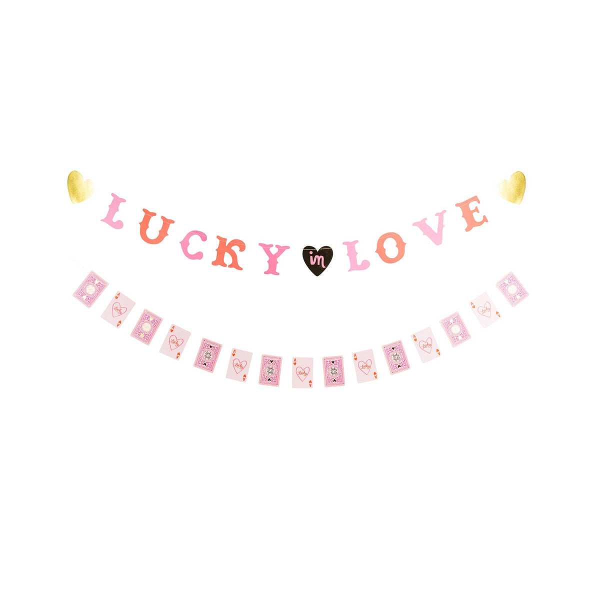 Lucky in Love cards banner set with pink and red lettering on a white background