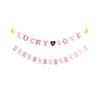 Lucky in Love cards banner set with pink and red lettering on a white background