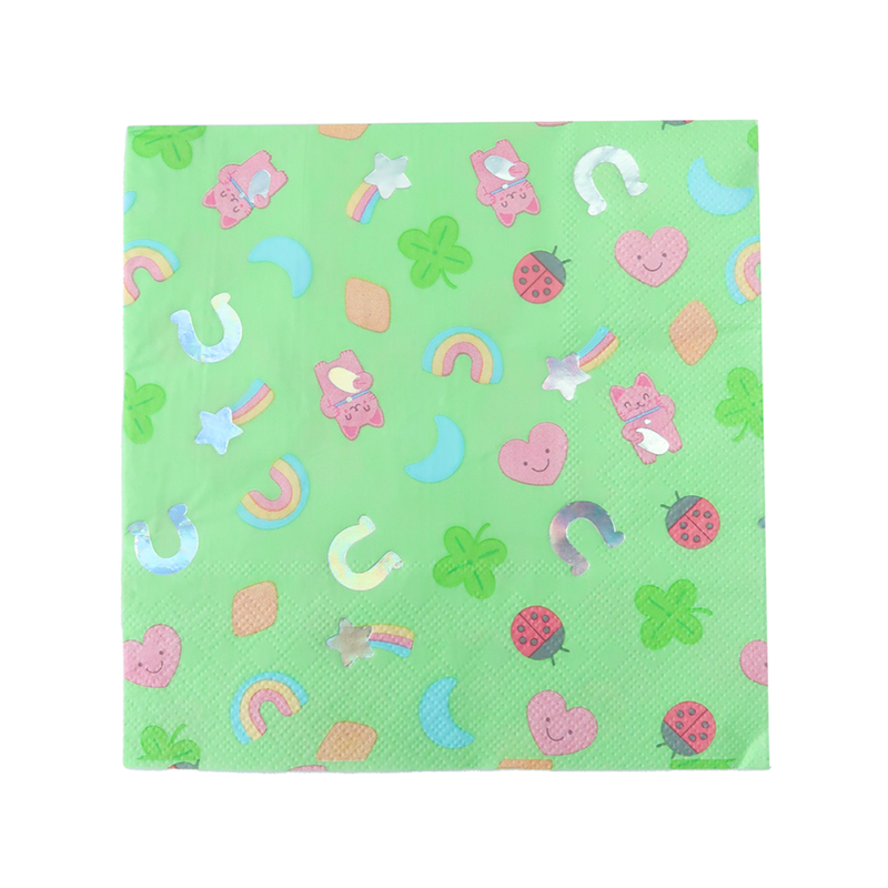 Green Lucky Me large paper napkin with rainbows, lucky cats, hearts, and shamrocks