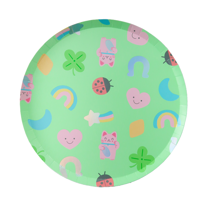 Green Lucky Me large paper plate with rainbows, lucky cats, hearts, and shamrocks