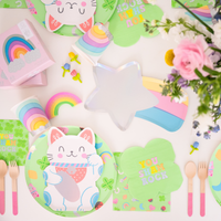 Lucky Me napkins styled with rainbow party decor and St Patrick’s Day tableware