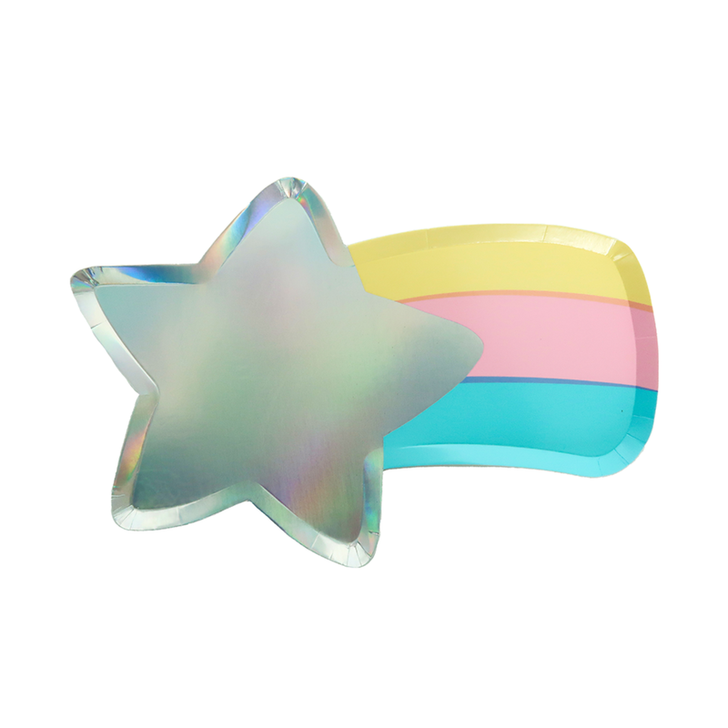 Lucky Me shooting star large paper plate with pastel rainbow stripes