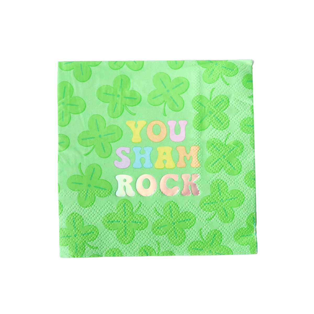 Lucky Me You Sham Rock petite napkin with green shamrock pattern and pastel lettering.