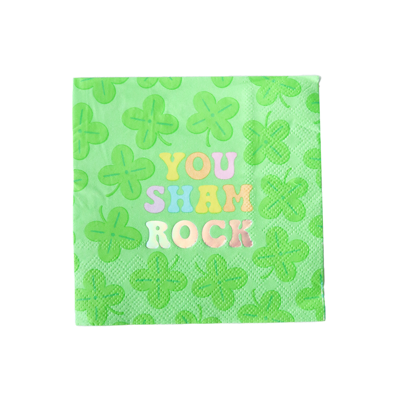 Lucky Me You Sham Rock petite napkin with green shamrock pattern and pastel lettering.