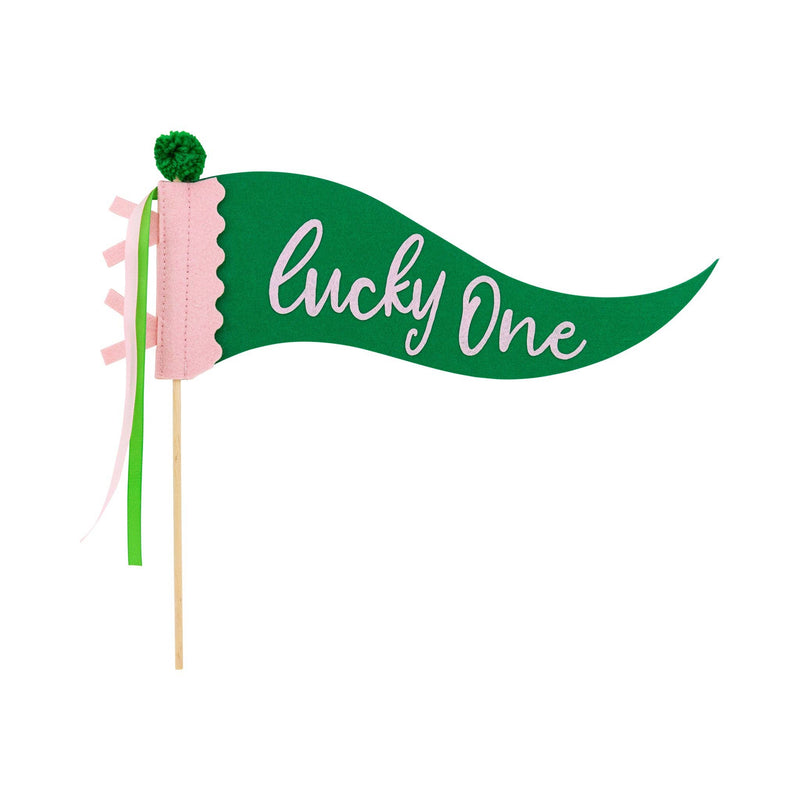 Lucky One felt pennant in green and pink with ribbon and pom pom on wooden dowel