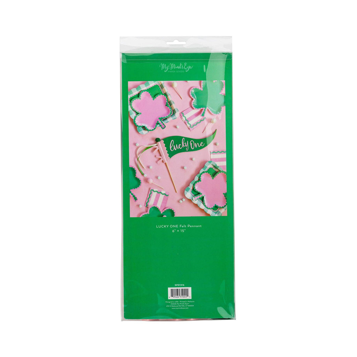 Back of Lucky One felt pennant packaging showing product details and dimensions